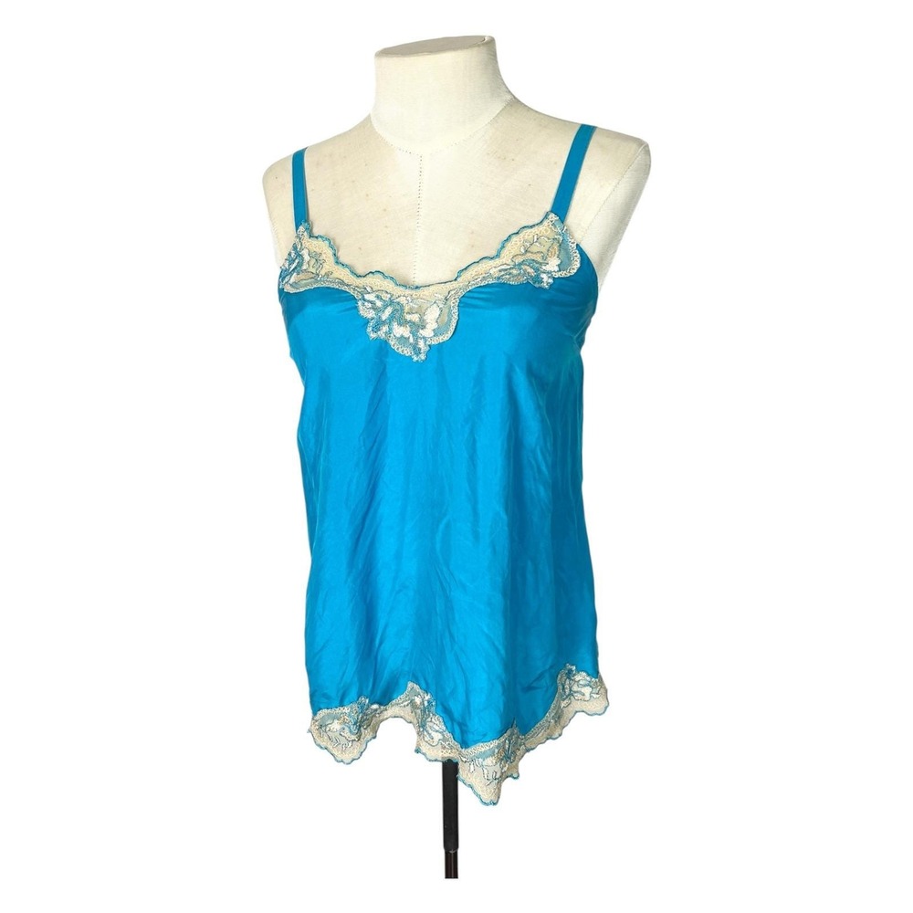 Y2K Express 100% Silk Camisole Top Turquoise Blue Lace Trim V-Neck XS
